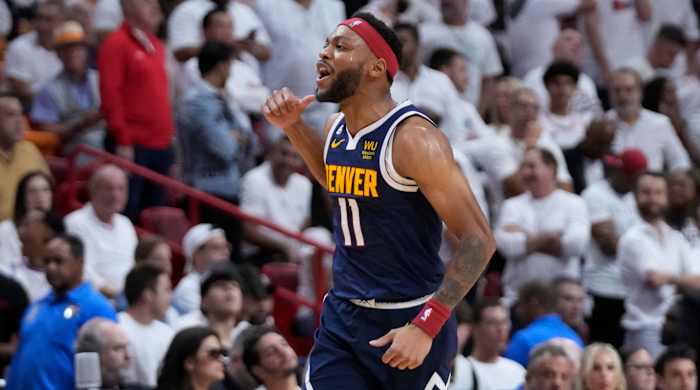 Nuggets guard Bruce Brown celebrates after making a shot in the NBA Finals vs. the Heat.